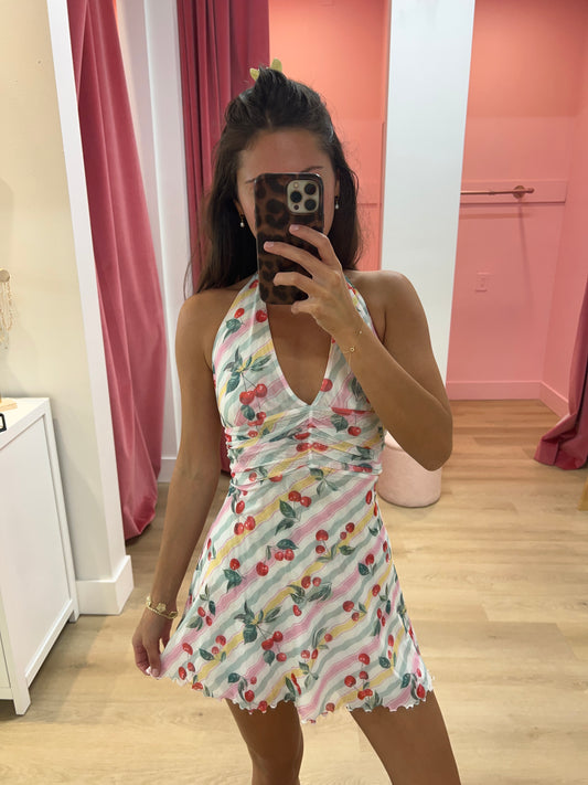 Kaylee Halter Polka Dot Mini Dress - CHERRY