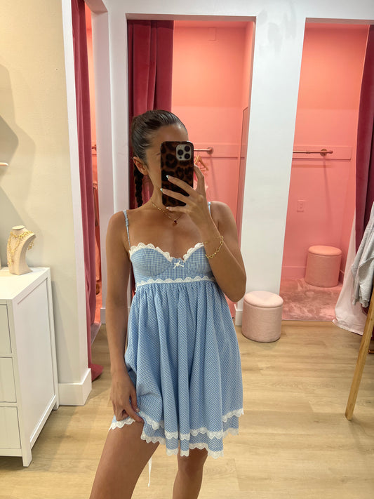 CHECKER PRINT LACE TRIM CAMI MINI DRESS