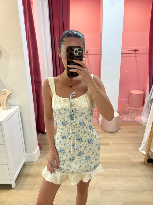 FLORAL PLEATS WOVEN MINI DRESS