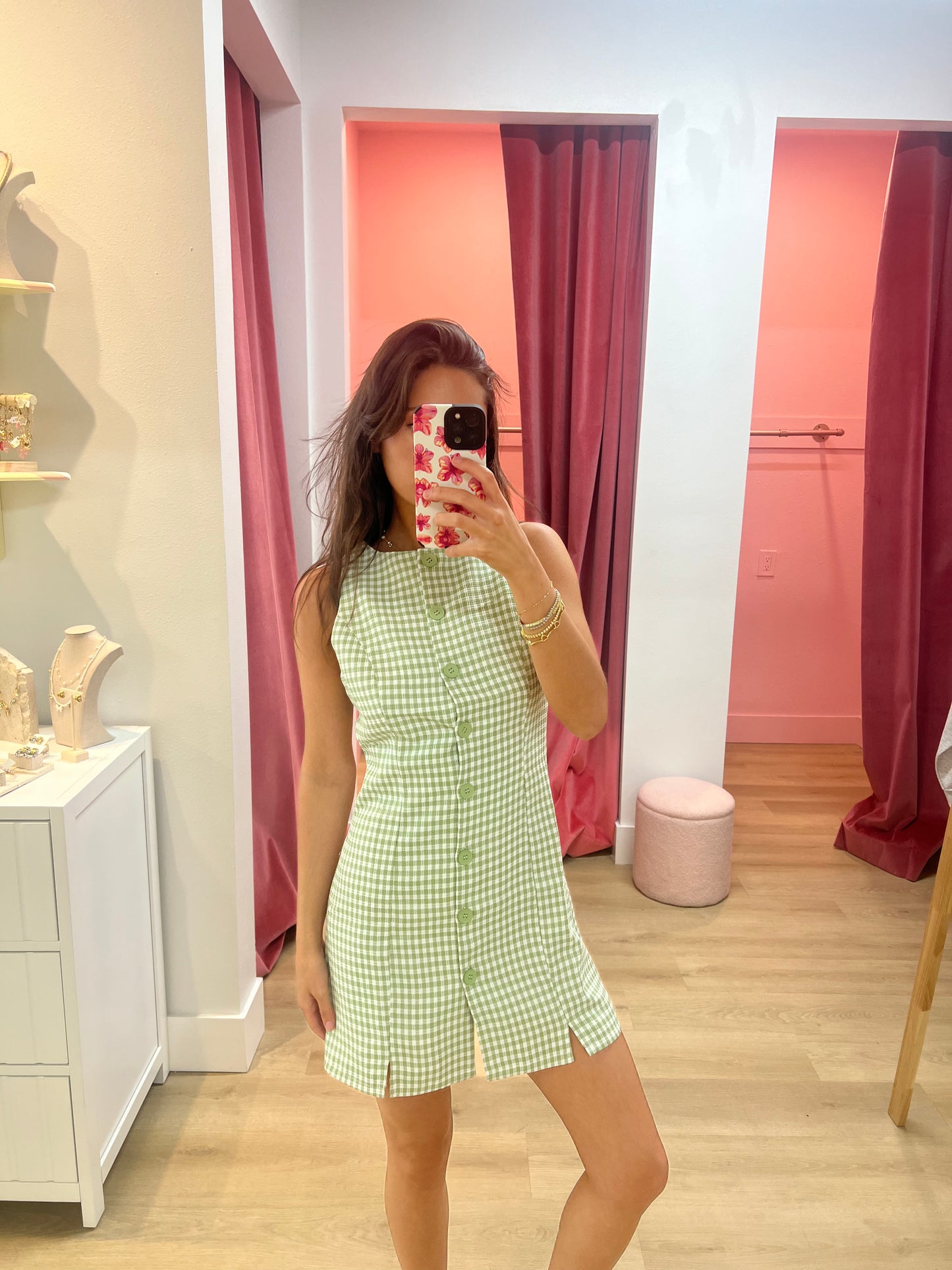 Chloe Gingham Button Mini Dress - Green