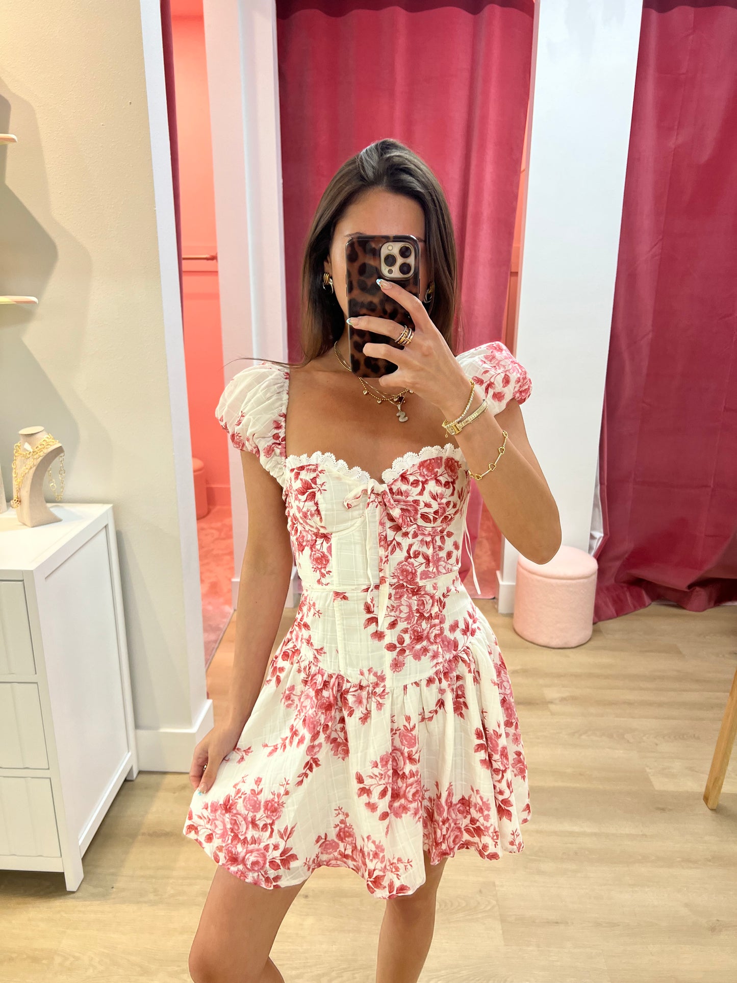 Rosewood Floral Sweetheart Puff Sleeve Mini Dress