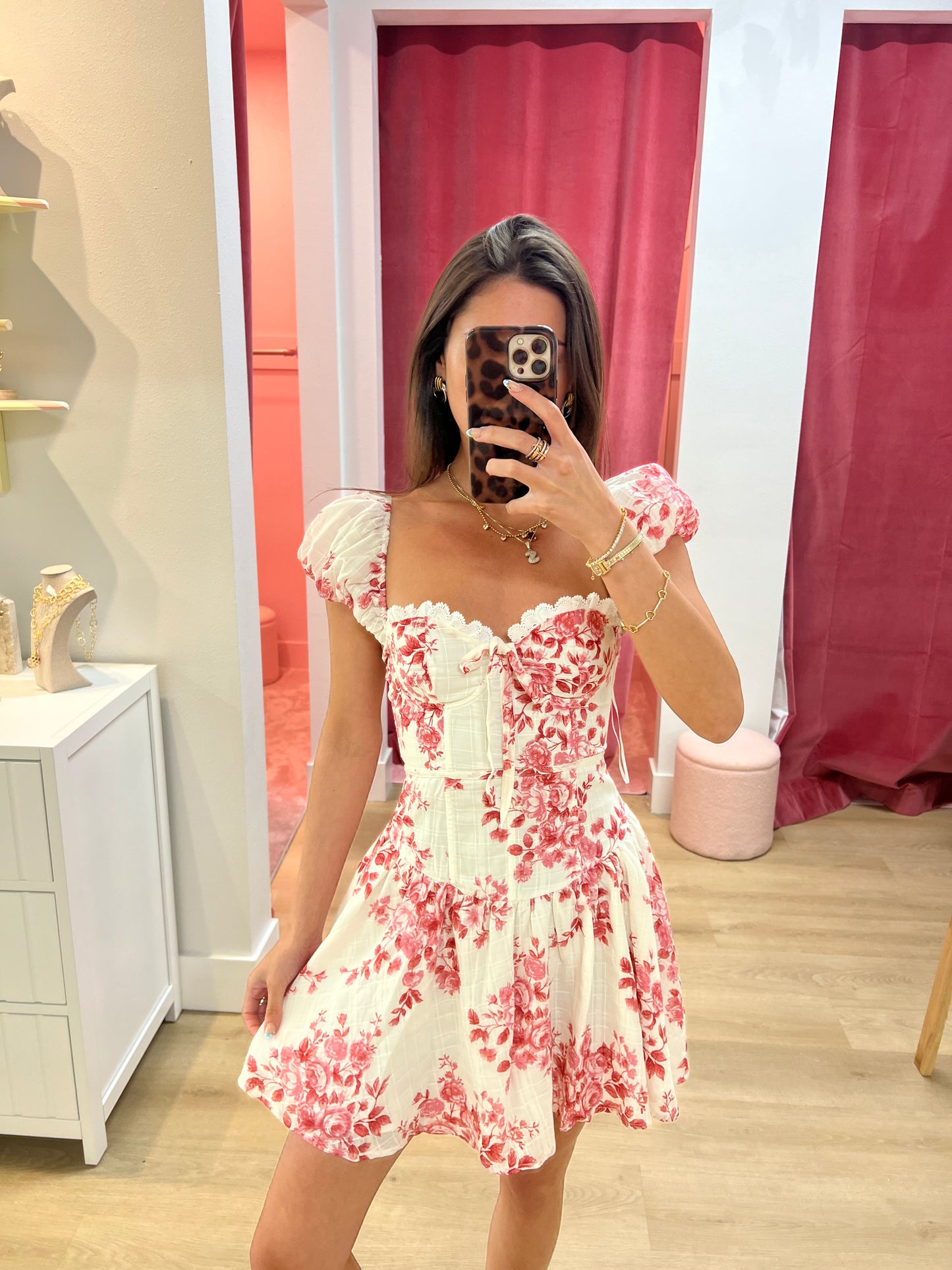 Rosewood Floral Sweetheart Puff Sleeve Mini Dress