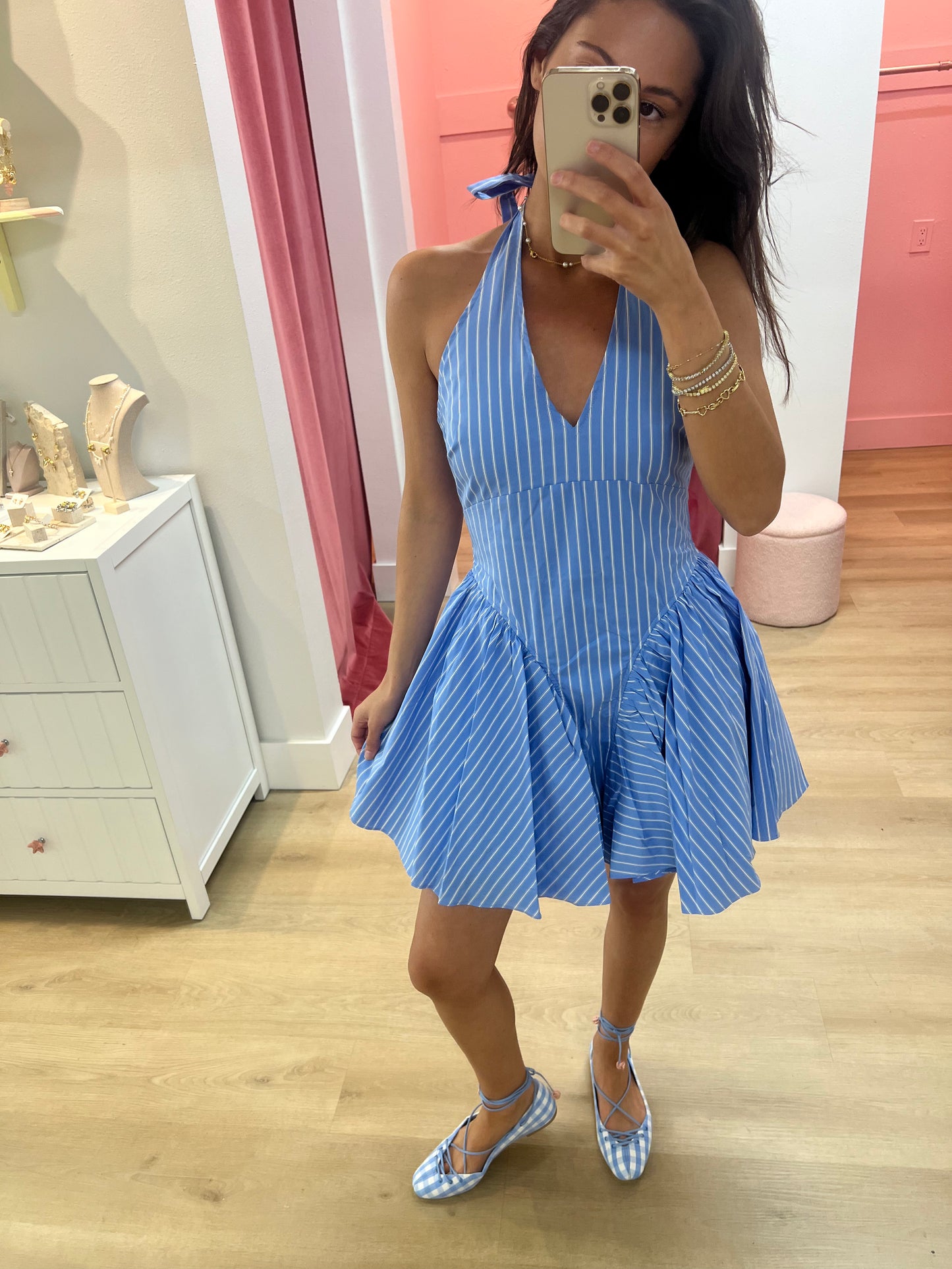 Nora Stripe Mini Dress-BLUE