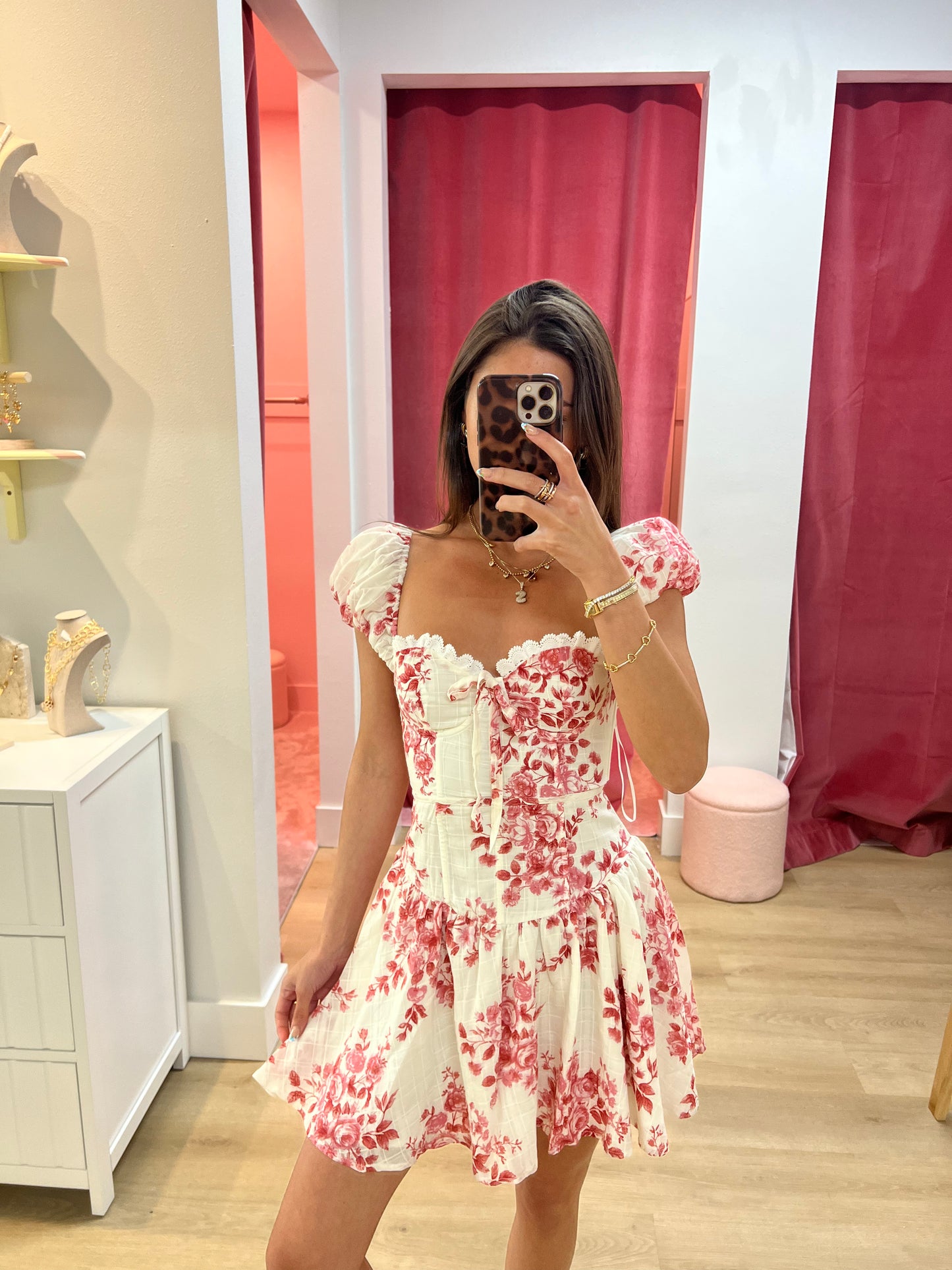 Rosewood Floral Sweetheart Puff Sleeve Mini Dress