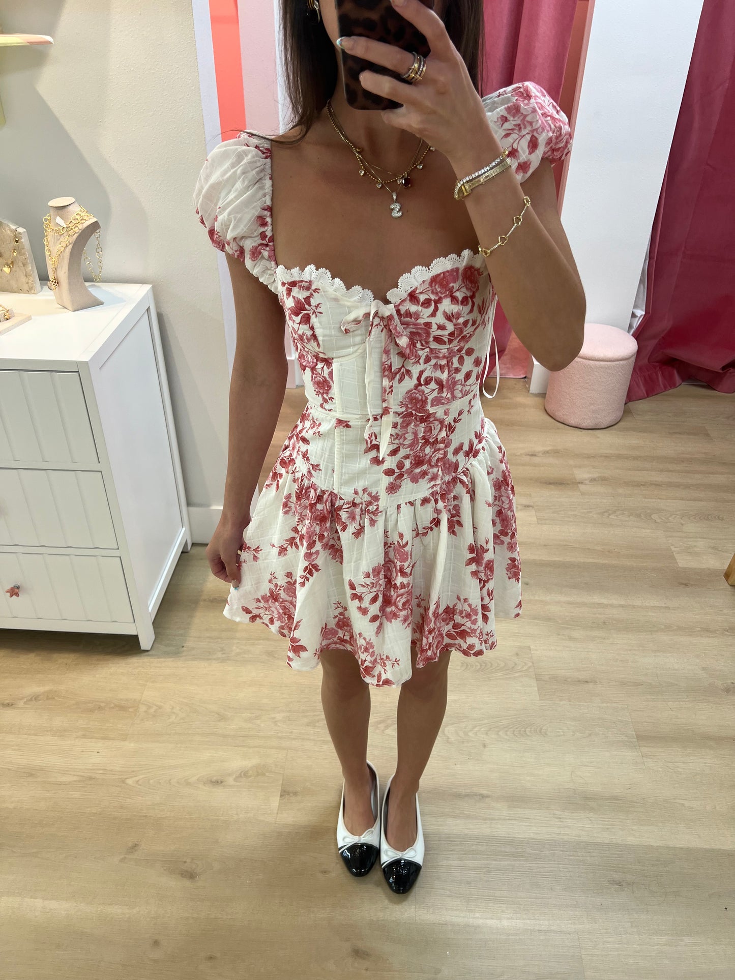 Rosewood Floral Sweetheart Puff Sleeve Mini Dress