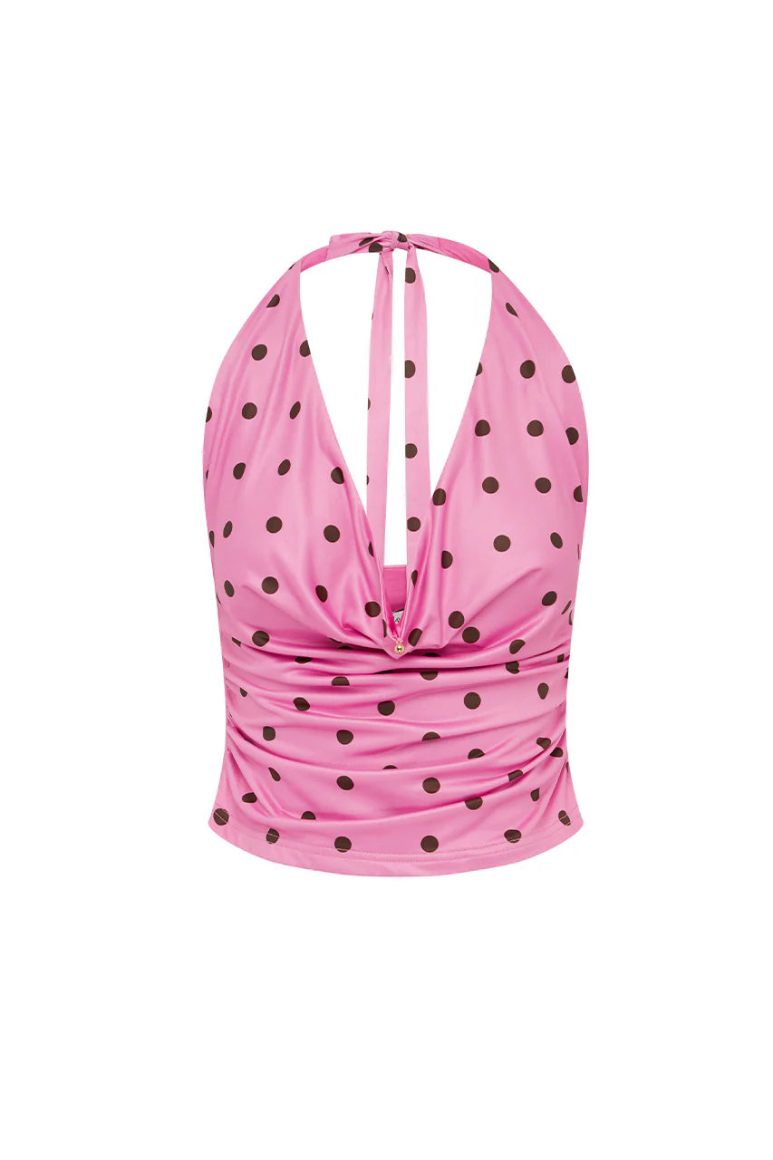 Evermore HALTER COWL TOP - MUSK/CHOC POLKA