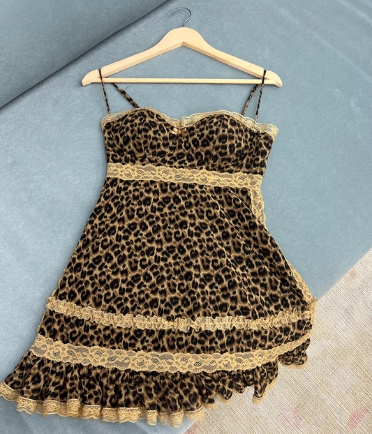 LEOPARD SWEETHEART LACE TRIM PREPPY MINI DRESS