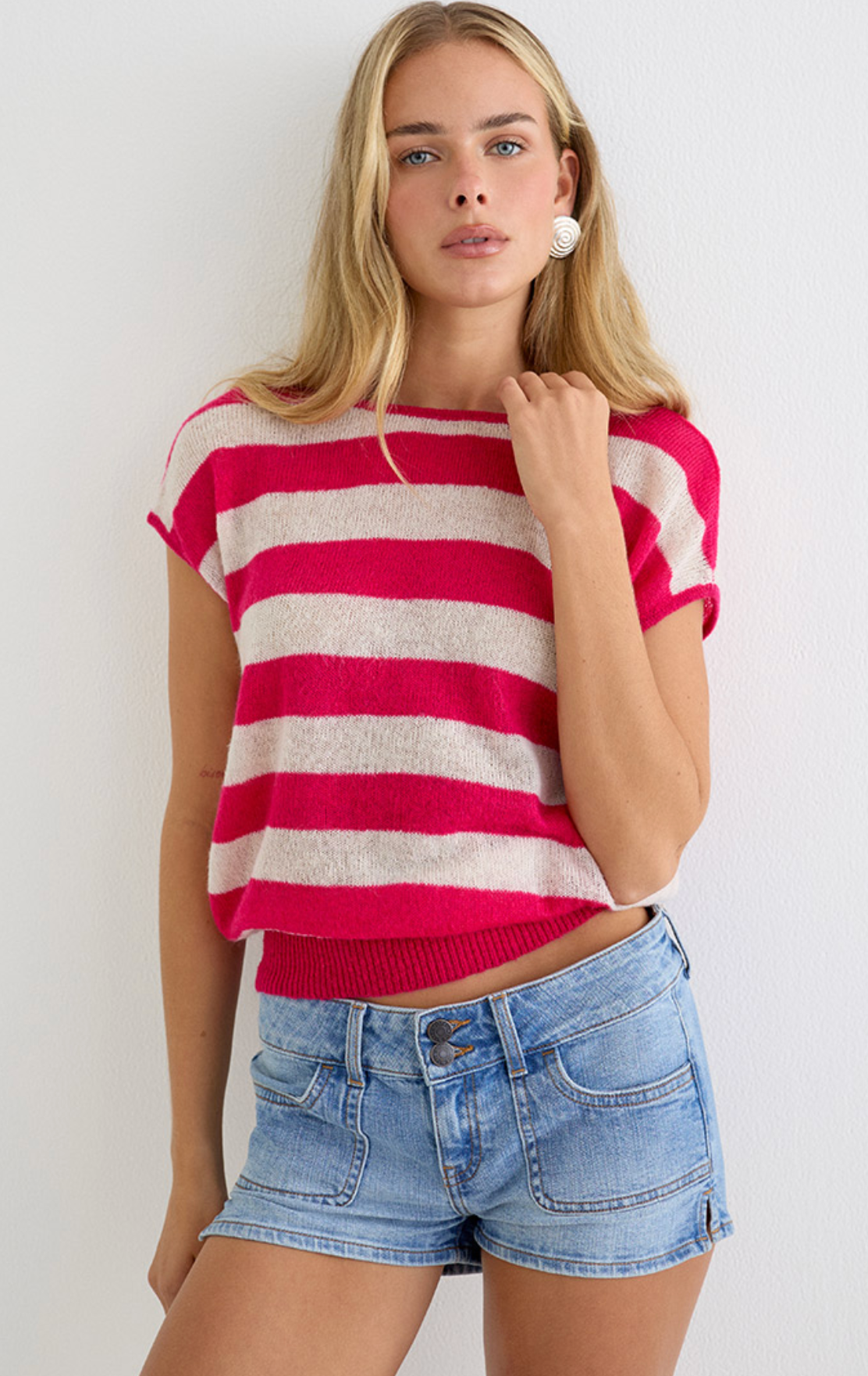 Lori Striped Knit Top - raspberry/beige