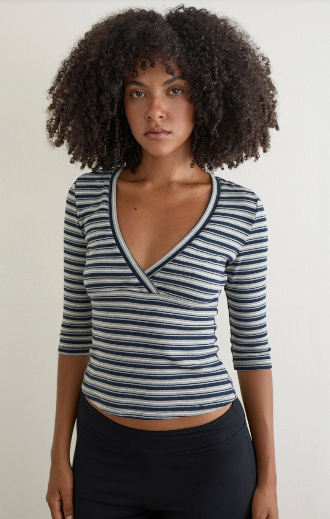 Piper Quarter Sleeve Top - Navy and Grey Stripe