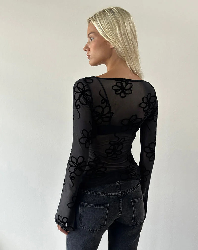 Tianna Long Sleeve Top- Doodle Black