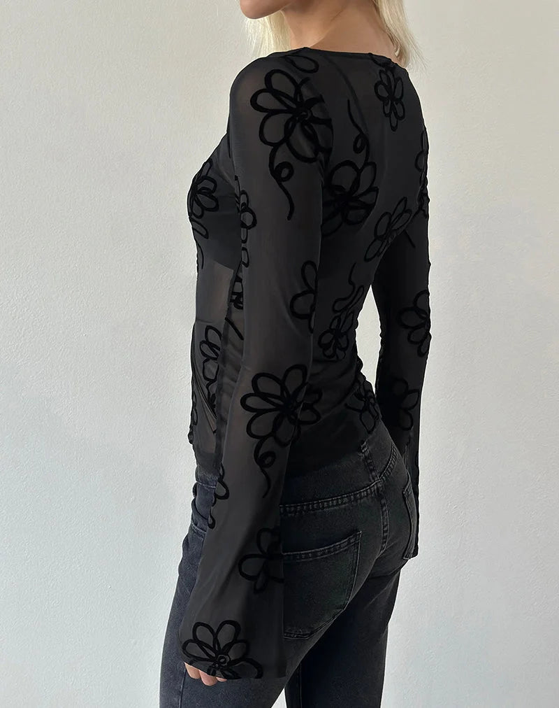 Tianna Long Sleeve Top- Doodle Black
