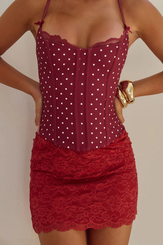 Sweetheart LACE TRIM BUSTIER - WINE/WHITE POLKA