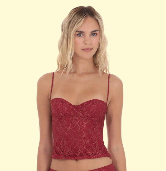 Jazzlyn Gold Thread Lace Top - Burgundy