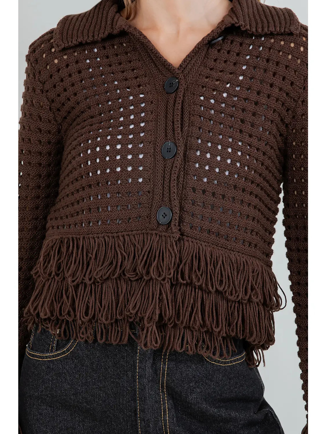 Willow Fringe Knit Cardigan - Brown