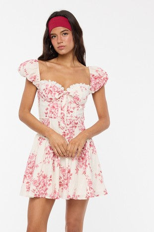 Rosewood Floral Sweetheart Puff Sleeve Mini Dress