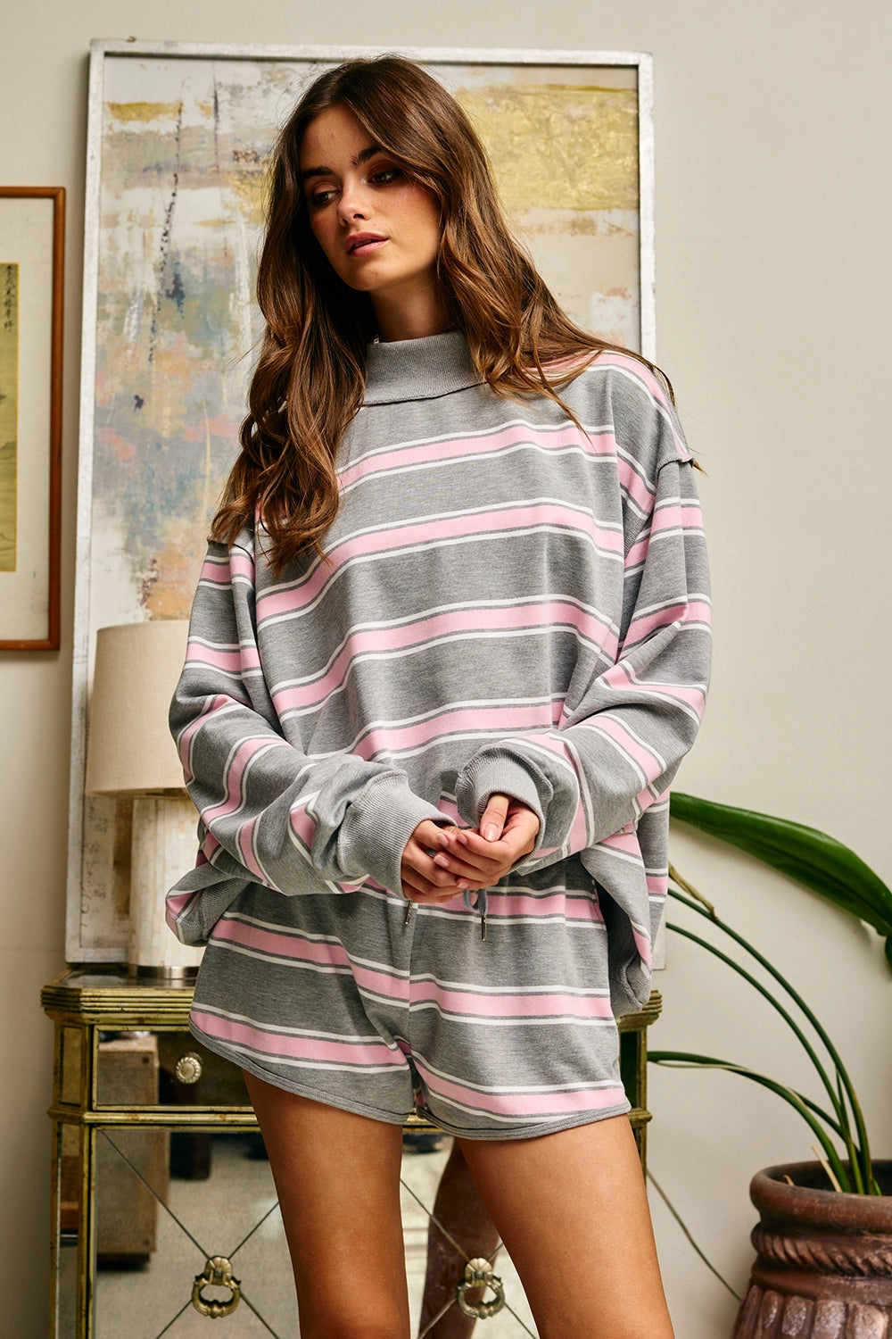 Sloane Mock Neck Sweatshirt- Pink Stripe