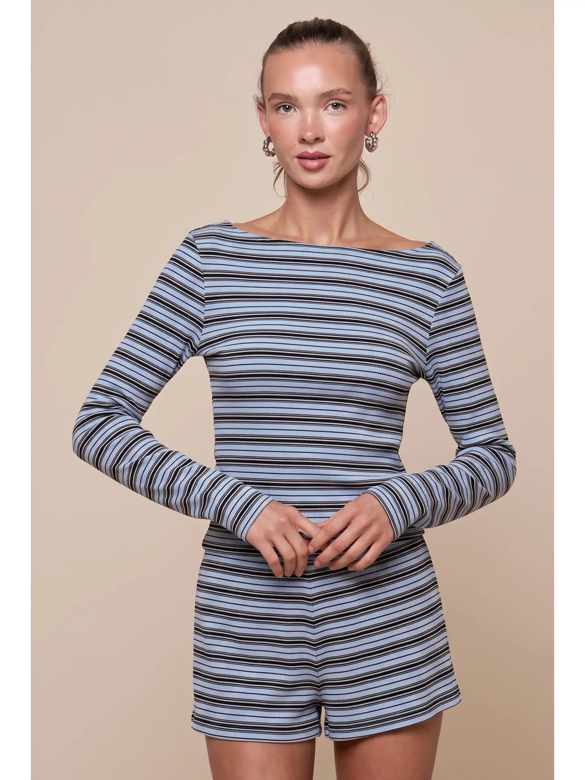 Alicia Stripe Boat Neck Top - BLUE/ BROWN