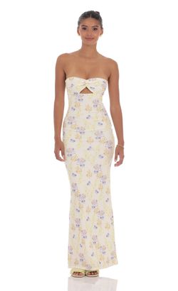 Molly Floral Ribbed Cutout Twist Maxi Dress in Yellow