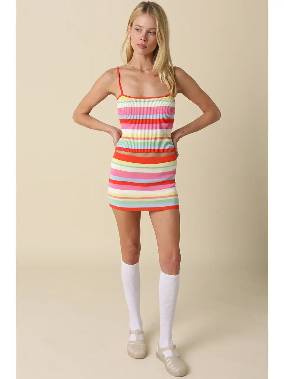 Juno Knit Mini Skirt - coral stripe