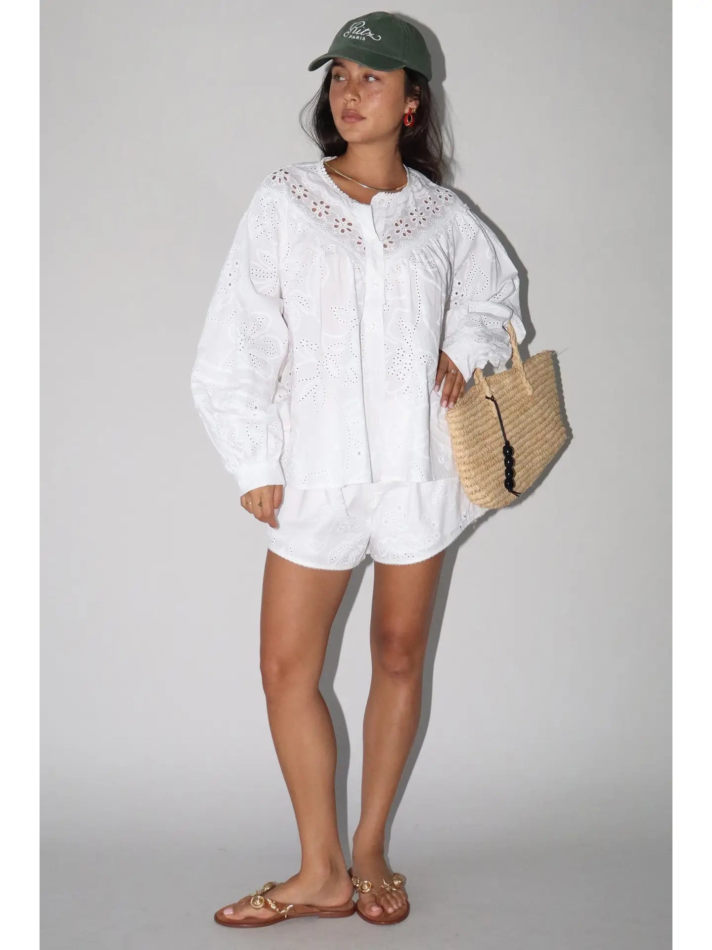 SauvyB Eyelet Long Sleeve Blouse - WHITE