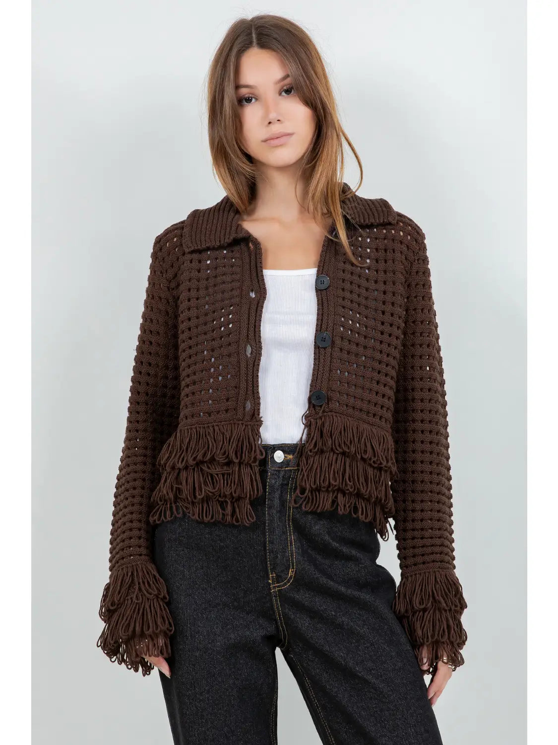 Willow Fringe Knit Cardigan - Brown
