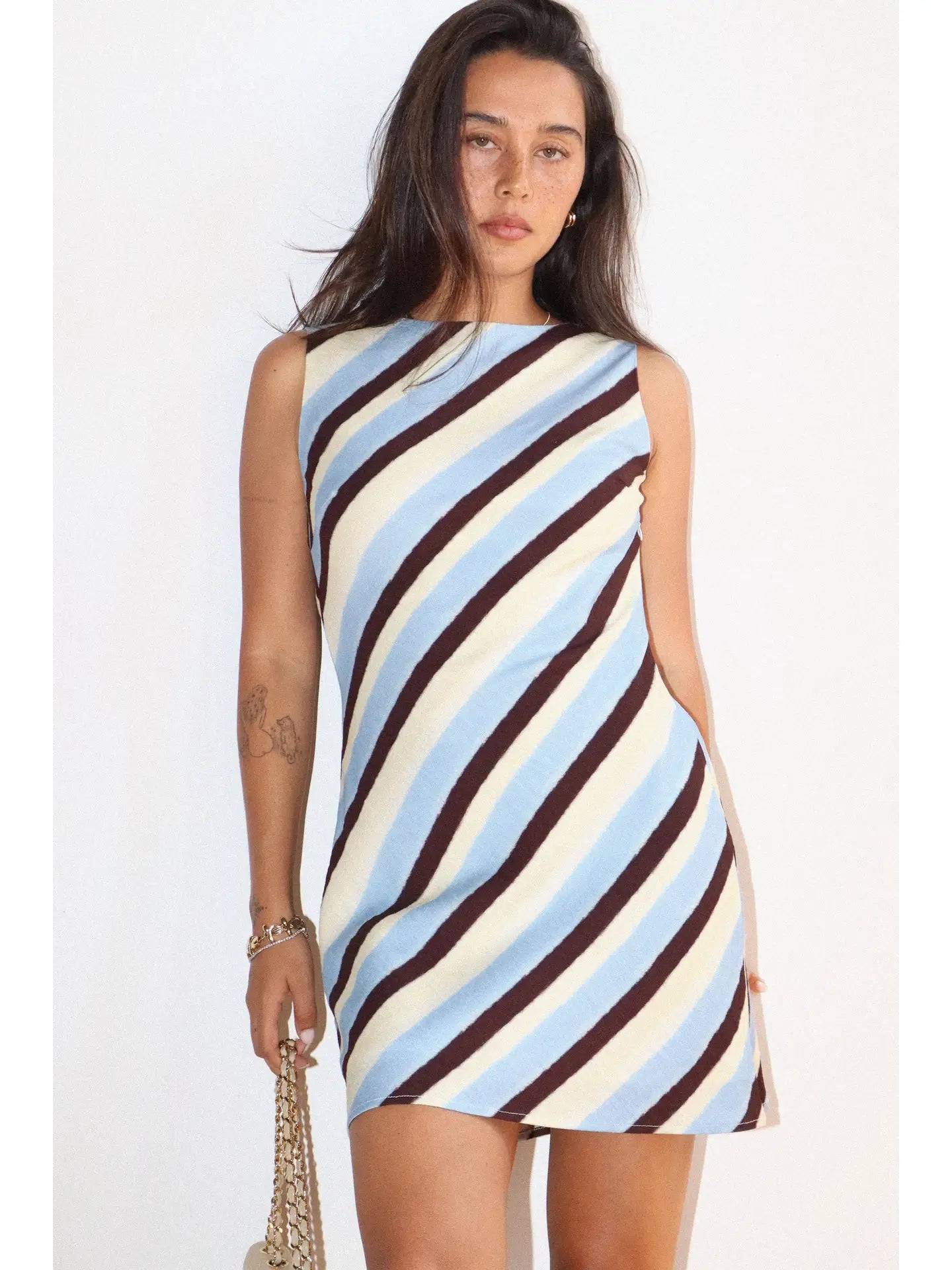 Aussi Stripe Mini Dress - BLUE/BROWN