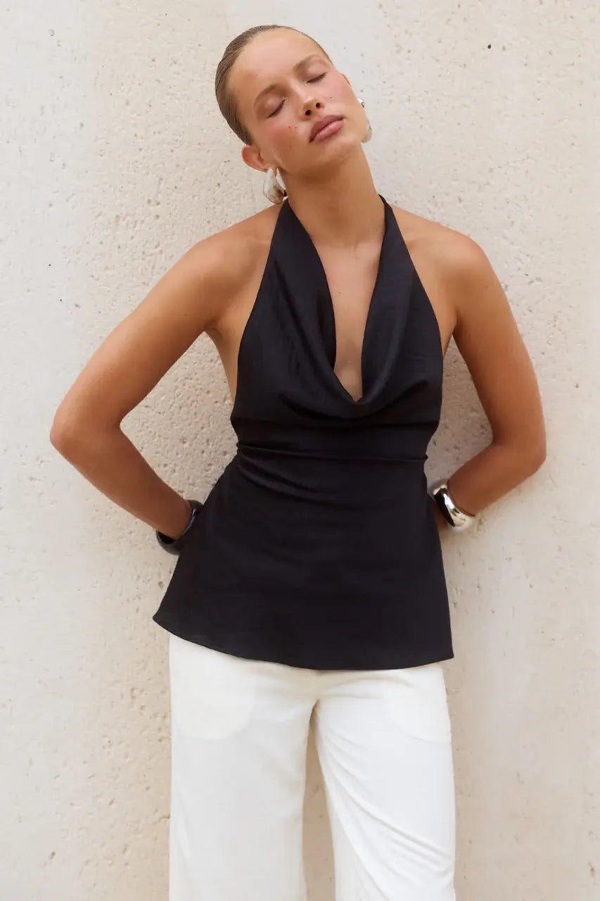 Emiliana Halter Cowl Top  - BLACK