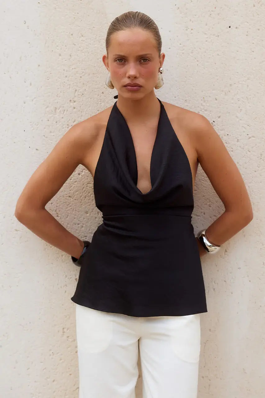 Emiliana Halter Cowl Top  - BLACK